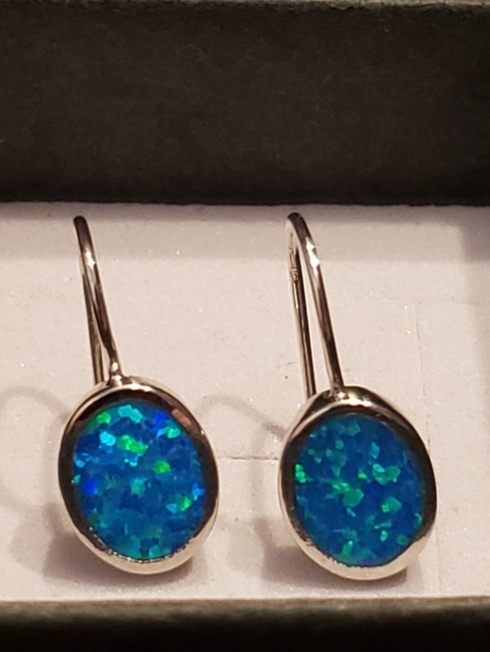 NEW Sterling Opal Blue Green Flashing, Wire Earrings, Gorgeous!